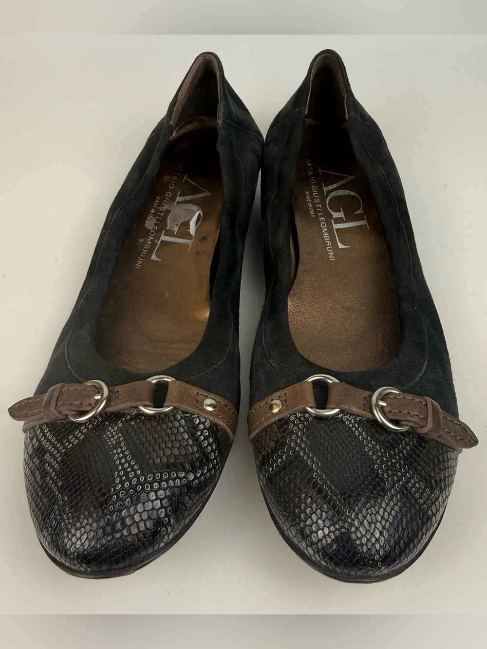 AGL Womens Snakeskin Cap Toe Black suede Ballet Flats SZ EU 42 Made In Italy